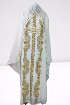 White Zari Stone Work Georgette Islamic Style Beads Embedded Partywear Kaftan Long Gown Evening wear Dubai kaftan