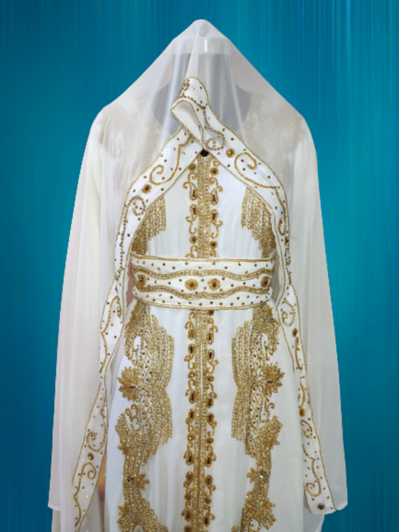 White Zari Stone Work Georgette Islamic Style Beads Embedded Partywear Kaftan Long Gown Evening wear Dubai kaftan