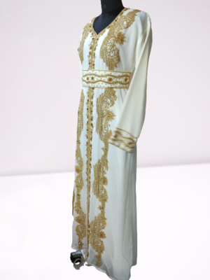 White Zari Stone Work Georgette Islamic Style Beads Embedded Partywear Kaftan Long Gown Evening wear Dubai kaftan 5
