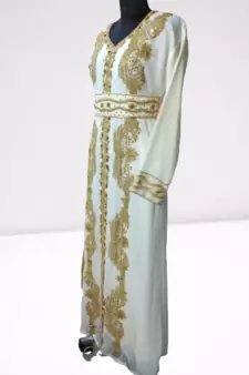 White Zari Stone Work Georgette Islamic Style Beads Embedded Partywear Kaftan Long Gown Evening wear Dubai kaftan