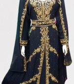 Black Zari Stone Work Georgette Islamic Style Beads Embedded Partywear Kaftan Long Gown Evening wear Dubai kaftan