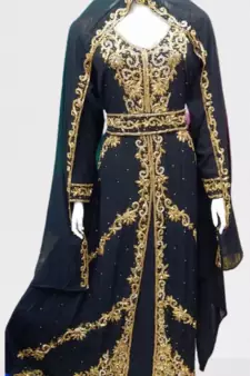 Black Zari Stone Work Georgette Islamic Style Beads Embedded Partywear Kaftan Long Gown Evening wear Dubai kaftan