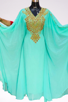 Sea Green Zari Stone Work Georgette Islamic Style Beads Embedded Partywear Kaftan Long Gown Evening wear Dubai kaftan