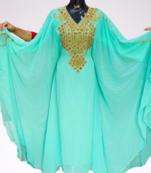 Sea Green Zari Stone Work Georgette Islamic Style Beads Embedded Partywear Kaftan Long Gown Evening wear Dubai kaftan