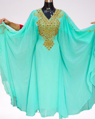 Sea Green Zari Stone Work Georgette Islamic Style Beads Embedded Partywear Kaftan Long Gown Evening wear Dubai kaftan 3
