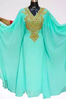Sea Green Zari Stone Work Georgette Islamic Style Beads Embedded Partywear Kaftan Long Gown Evening wear Dubai kaftan