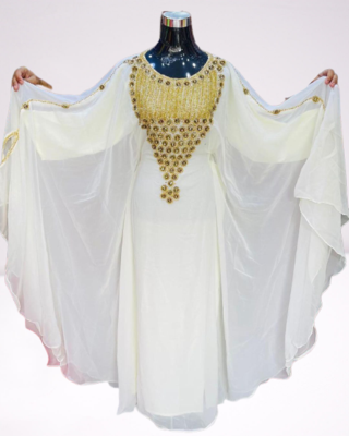 White Zari Stone Work Georgette Islamic Style Beads Embedded Partywear Kaftan Long Gown Evening wear Dubai kaftan 1