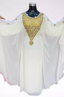 White Zari Stone Work Georgette Islamic Style Beads Embedded Partywear Kaftan Long Gown Evening wear Dubai kaftan