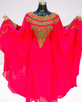 Rani Pink Zari Stone Work Georgette Islamic Style Beads Embedded Partywear Kaftan Long Gown Evening wear Dubai kaftan 2