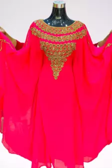 Rani Pink Zari Stone Work Georgette Islamic Style Beads Embedded Partywear Kaftan Long Gown Evening wear Dubai kaftan