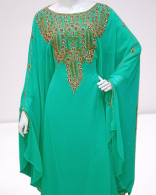 Sea Green Zari Stone Work Georgette Islamic Style Beads Embedded Partywear Kaftan Long Gown Evening wear Dubai kaftan 3
