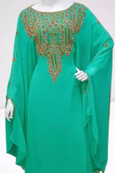 Sea Green Zari Stone Work Georgette Islamic Style Beads Embedded Partywear Kaftan Long Gown Evening wear Dubai kaftan
