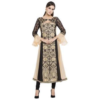 Beige embroidered georgette kurta &-sets 1
