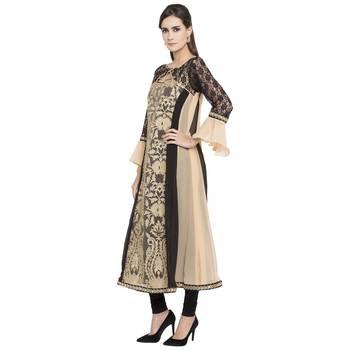 Beige embroidered georgette kurta &-sets 2