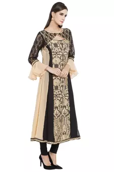 Beige embroidered georgette kurta &-sets