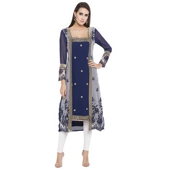 Navy-blue embroidered georgette kurta &-sets 1