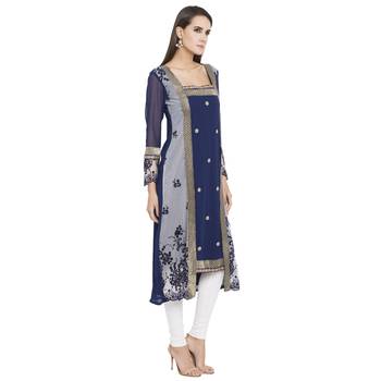 Navy-blue embroidered georgette kurta &-sets 3