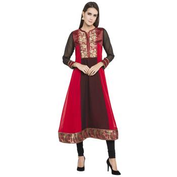 Red embroidered georgette kurta &-sets 1