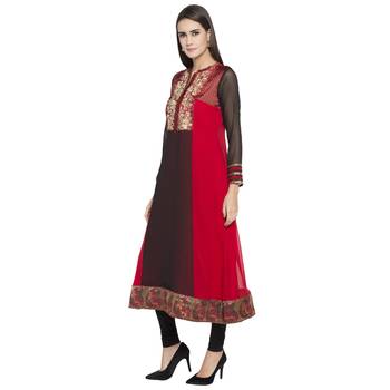 Red embroidered georgette kurta &-sets 2
