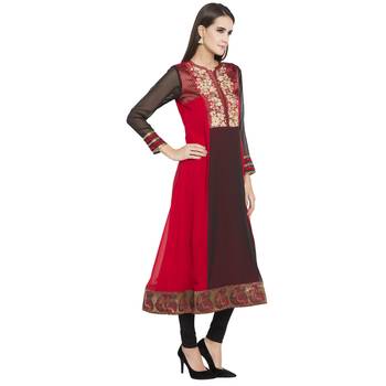 Red embroidered georgette kurta &-sets 3