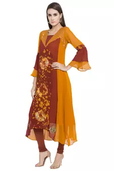 Yellow embroidered georgette kurta &-sets