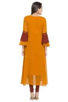 Yellow embroidered georgette kurta &-sets