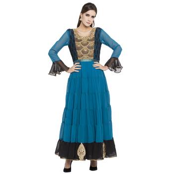 Blue embroidered georgette kurta &-sets 1