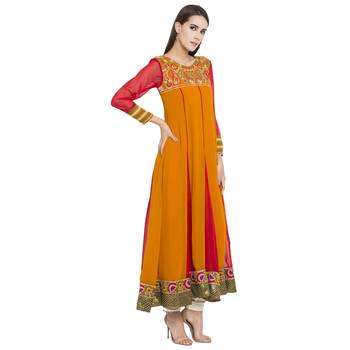 Mustard embroidered georgette kurta &-sets 3