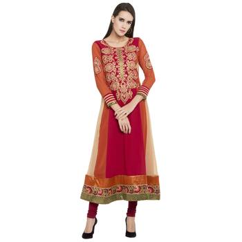 Red embroidered georgette kurta &-sets 1