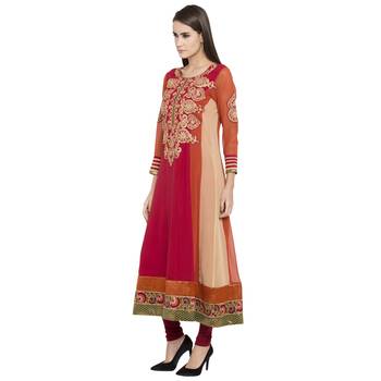 Red embroidered georgette kurta &-sets 2