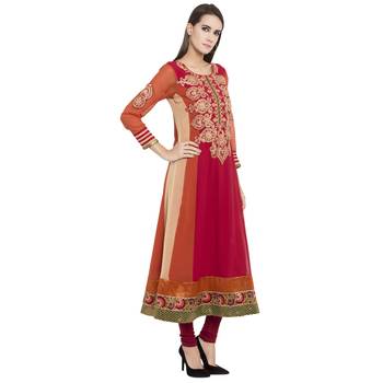 Red embroidered georgette kurta &-sets 3
