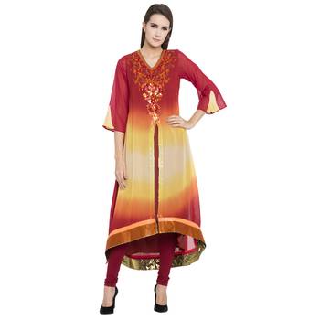 Red embroidered georgette kurta &-sets 1