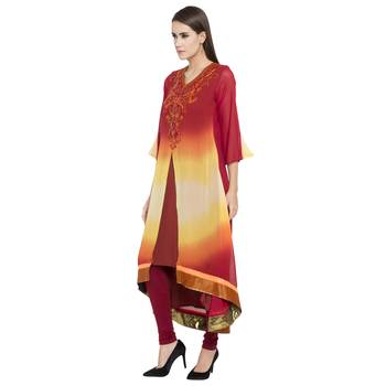 Red embroidered georgette kurta &-sets 2