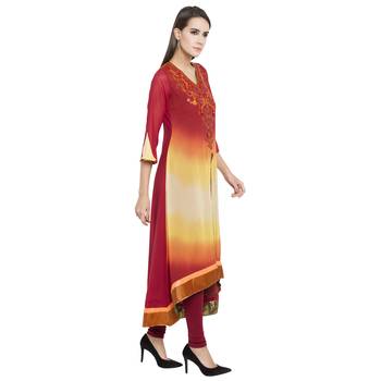 Red embroidered georgette kurta &-sets 3