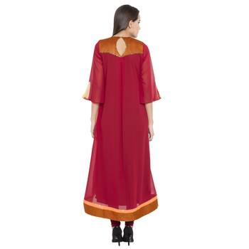 Red embroidered georgette kurta &-sets 4