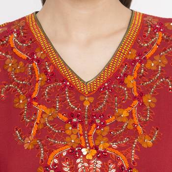 Red embroidered georgette kurta &-sets 5