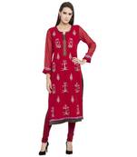 Maroon embroidered georgette kurta &-sets