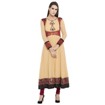 Beige embroidered georgette kurta &-sets 1
