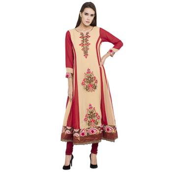 Beige embroidered georgette kurta &-sets 1