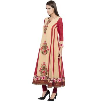 Beige embroidered georgette kurta &-sets 2