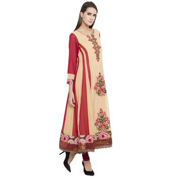 Beige embroidered georgette kurta &-sets 3