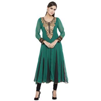 Green embroidered georgette kurta &-sets 1