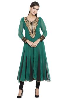Green embroidered georgette kurta &-sets