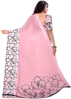Baby pink printed faux georgette saree with blouse 2