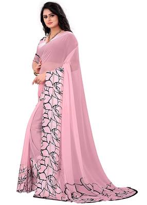 Baby pink printed faux georgette saree with blouse 4