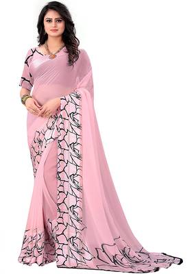 Baby pink printed faux georgette saree with blouse 1