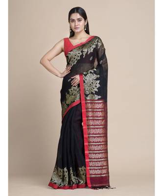 Bengal Handloom Organic Linen Saree In Black Without Blouse 1