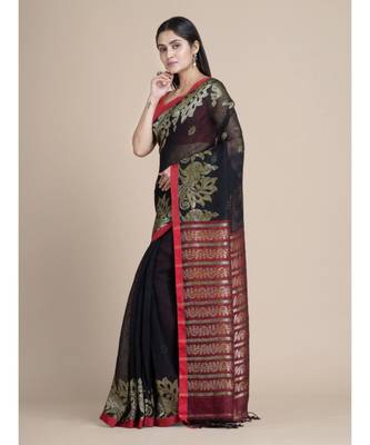 Bengal Handloom Organic Linen Saree In Black Without Blouse 2