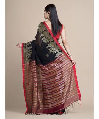 Bengal Handloom Organic Linen Saree In Black Without Blouse 3