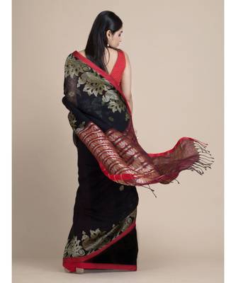 Bengal Handloom Organic Linen Saree In Black Without Blouse 4